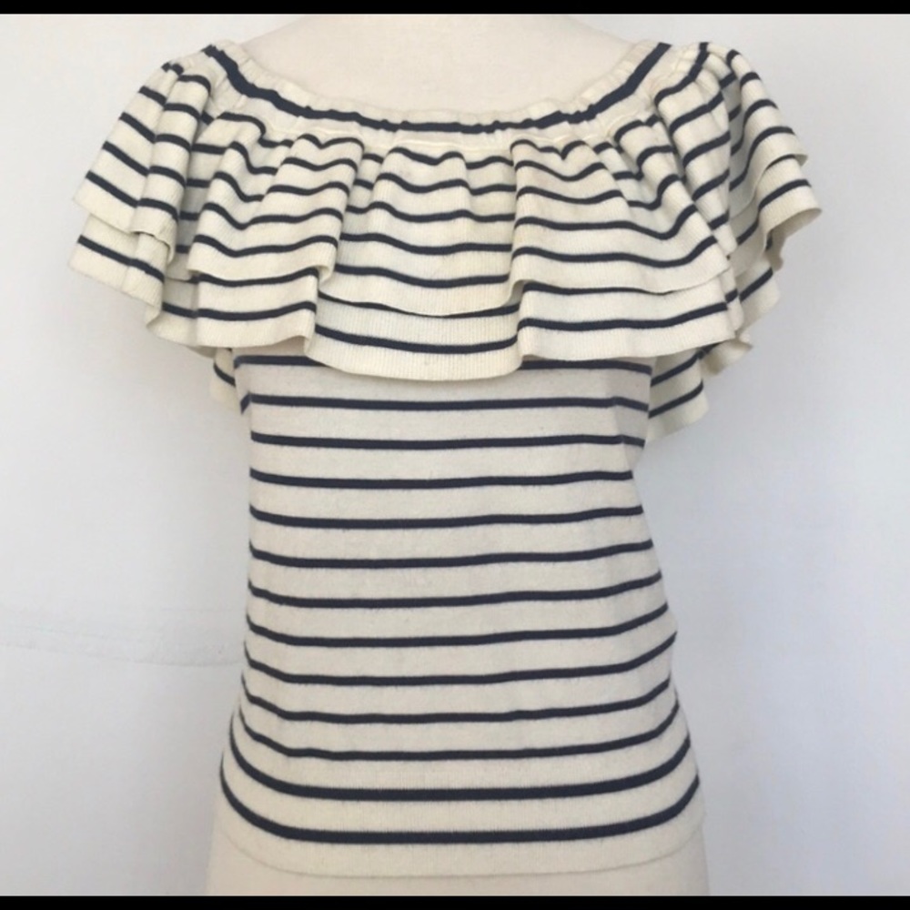 J. Crew Striped Off The Shoulder Ruffle Sweater